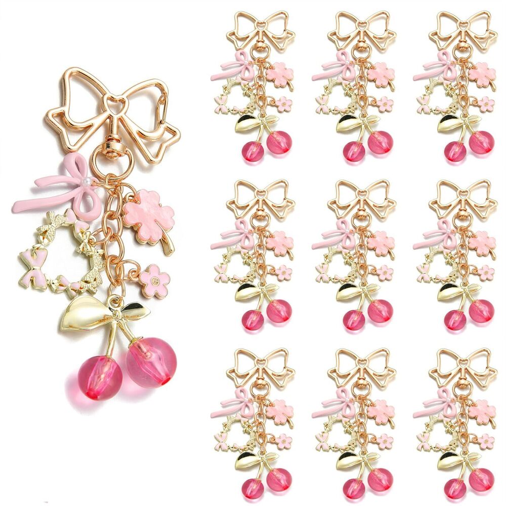 1401 10PCS Keychains with Pink Cherry, Bow, Heart, Four-Leaf Clover, Flower